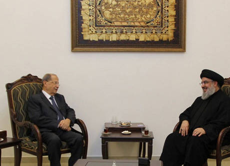 Free Patriotic Movement founder ,president Michel Aoun (left) , is shown during his meeting with Hezbollah chief Hassan Nasrallah ( right). The meeting was held on October 24th , days before the parliament elected Aoun as president in October 2016