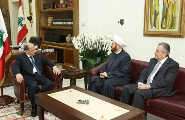 Syria's Grand Mufti Ahmad Badreddine Hassoun visits President Michel Aoun at the Baabda Palace, Wednesday, Dec. 7, 2016. He was accompanied by Ali Abdul Karim Syrian ambassador to Lebanon 