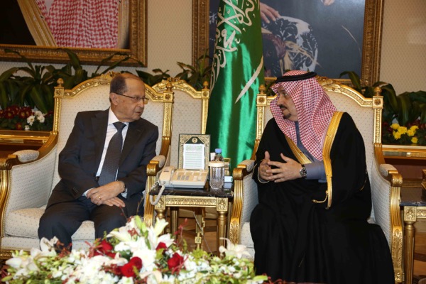 Saudi prince Faisal bin Bandar receives the Lebanese president Michel Aoun at Riyadh airport on January 9, 2017. Mr Aoun arrived in Saudi Arabia with a number of ministers for two-day official visit before travelling on to Qatar. Dalati Nohra / EPA