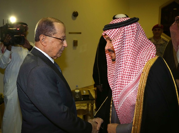 Saudi prince Faisal bin Bandar receives the Lebanese president Michel Aoun at Riyadh airport on January 9, 2017. Mr Aoun arrived in Saudi Arabia with a number of ministers for two-day official visit before travelling on to Qatar. Dalati Nohra / EPA