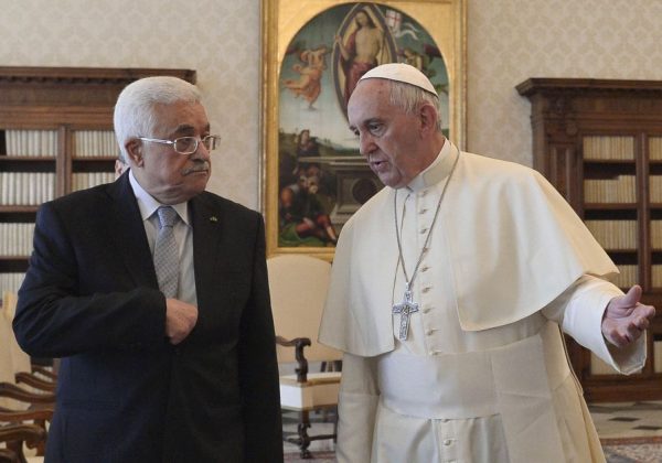 Pope Francis (R) is shown with Palestinian President Mahmoud Abbas at the Vatican