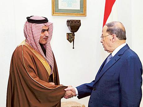 Lebanese president Michel Aoun Aoun receiving Saudi State Minister for Arab Gulf Affairs Thamer Al Sabhan in Beirut on Sunday.