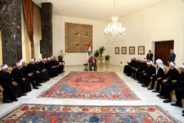 President Michel Aoun is shown with a delegation of Druze clerics at the Baabda palace February 27 , 2017