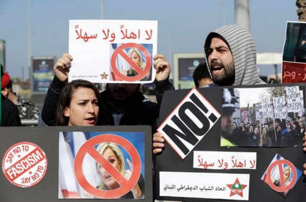 A protest in Beirut , Lebanon against France's far-right leader and presidential candidate Marine Le Pen