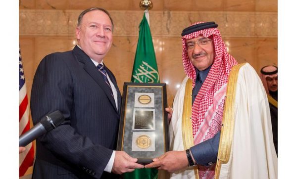 Saudi Crown Prince Mohammed bin Naif, deputy premier and minister of interior, has been awarded a CIA honor in recognition of his efforts to fight terrorism. The crown prince was awarded the “George Tenet” medal by CIA Director Mike Pompeo