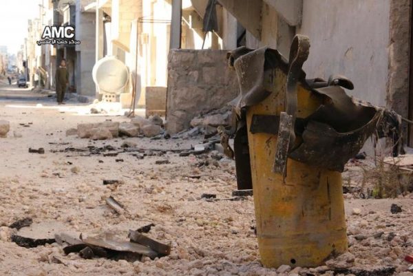 Handout photo provided to Reuters on February 13, 2017, by Human Rights Watch claiming to show remnant of a yellow gas cylinder found in Masaken Hanano, Aleppo, after a chlorine attack on November 18, 2016. Courtesy of Human Rights Watch/Handout via REUTERS