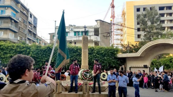 Scouts gather at the Patriarchate of Beirut's Armenian Catholic Church to mark the 102nd anniversary of the Armenian genocide. (Nabih Bulos / Los Angeles Times)