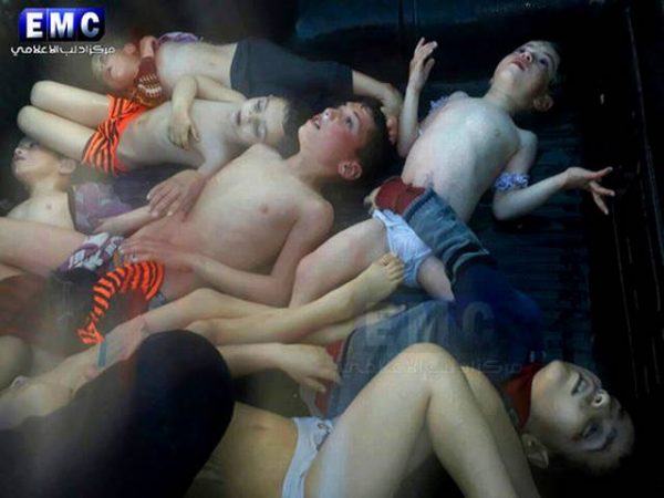 This frame grab from video provided on Tuesday April 4, 2017, by the Syrian anti-government activist group Edlib Media Center, that is consistent with independent AP reporting, shows  several children that were killed in suspected chemical attack   in the town of Khan Sheikhoun, northern Idlib province, Syria. The suspected chemical attack killed dozens of people on Tuesday, Syrian opposition activists said, describing the attack as among the worst in the country's six-year civil war. Edlib Media Center, via AP) 