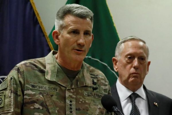 U.S. Army General John Nicholson (L), commander of U.S. Forces Afghanistan, and U.S. Defense Secretary James Mattis (R) hold a news conference at Resolute Support headquarters in Kabul, Afghanistan April 24, 2017. REUTERS/Jonathan Ernst