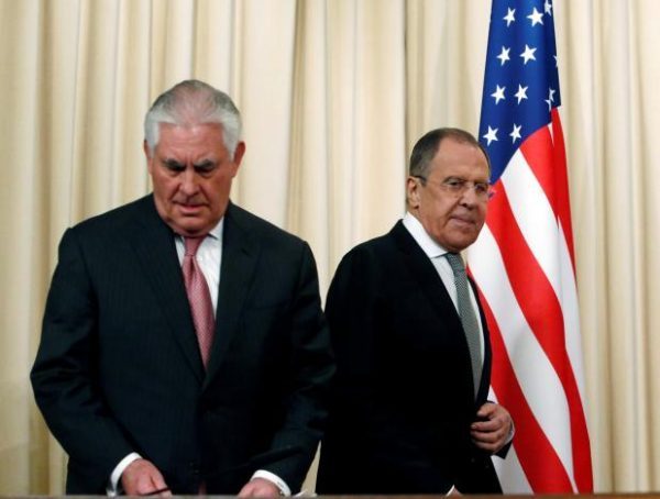 Russian Foreign Minister Sergei Lavrov and U.S. Secretary of State Rex Tillerson arrive for a news conference following their talks in Moscow, Russia, April 12, 2017. REUTERS/Sergei Karpukhin