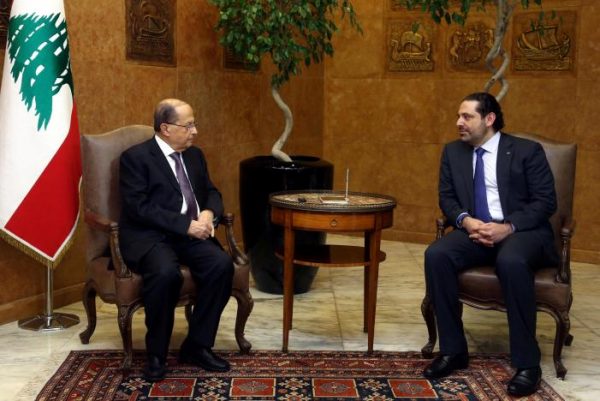 Lebanon's President Michel Aoun (L) meets with Prime Minister Saad al-Hariri at the Presidential Palace in Baabda, Lebanon April 12, 2017. Dalati Nohra/Handout via Reuters