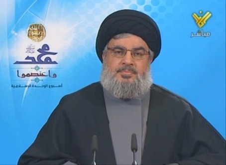 An image grab from Hezbollah's Al-Manar TV shows Hassan Nasrallah, the head of Lebanon's militant Shiite movement, delivering a speech via video link on February 7, 2012. The Shiite Muslim group's chief acknowledged for the first time that his party was solely funded and equipped by Iran and denied allegation the group was involved in the drug trade or money laundering. AFP 