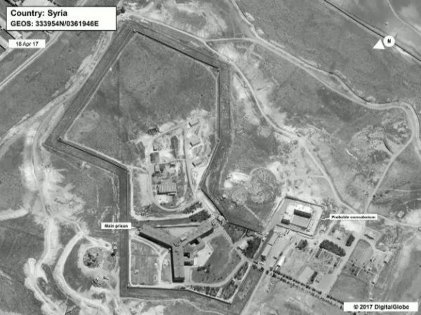 A satellite view of Sednaya prison complex near Damascus, Syria is seen in a still image from a video briefing provided by the U.S. State Department on May 15, 2017. Department of State/DigitalGlobe/Handout via REUTERS