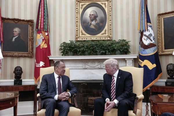 President Trump, right, meets with Russian Foreign Minister Sergei Lavrov at the White House on May 10. (photo provided by Russian Foreign Ministry because US journalists were banned from attending and only but not the Russian press
