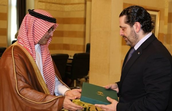 PM Saad Hariri is shown Thursday with Charge d'affaires of the Saudi Embassy in Lebanon, Walid Al-Bukhari    May 11, 2017