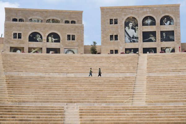 Famous entertainers adorn the upper walls of a 15,000-seat, open-air amphitheater in Rawabi. 