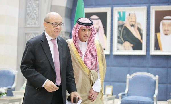 French Foreign Minister Jean-Yves Le Drian (L) visited Saudi Arabia Saturday and met with  his Saudi counterpart Adel Al-Jubeir (R) and Crown Prince Mohammed bin Salman.