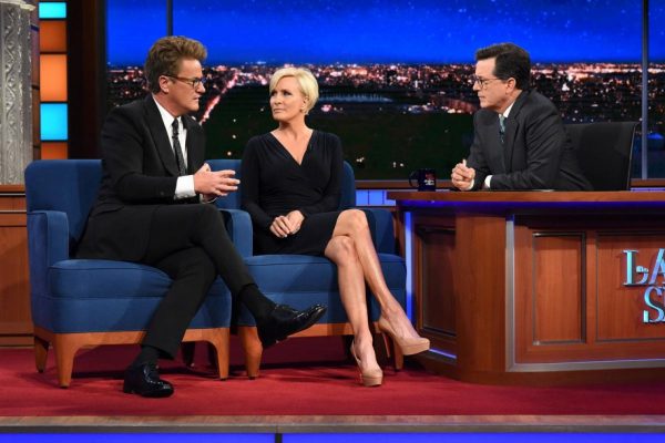 MSNBC co-hosts Joe Scarborough and Mika Brzezinski on “The Late Show With Stephen Colbert” on July 11. (Screenshot from CBS)