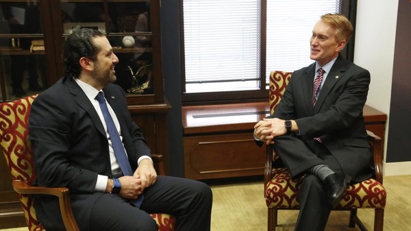  Senator James Lankford from Oklahoma , right, sits down with Lebanon Prime Minister Saad Hariri, left, for talks US Lebanon relations , Syria, refugees and terrorism. 