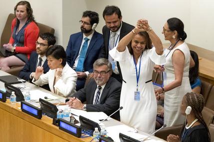 Costa Rican Ambassador Elayne Whyte Gomez, President of the United Nations Conference to Negotiate a Legally Binding Instrument to Prohibit Nuclear Weapons, reacts after a vote by the conference to adopt a legally binding instrument to prohibit nuclear weapons, leading towards their total elimination, Friday, July 7, 2017 at United Nations headquarters. More than 120 countries have approved the first-ever treaty banning nuclear weapons at a U.N. meeting boycotted by all nuclear-armed nations. Friday's vote was 122 countries in favor with the Netherlands opposed and Singapore abstaining.(AP Photo/Mary Altaffer)