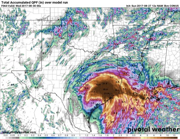 High-resolution NAM model projects an additional 15 to 30 inches of rain in Southeast Texas through Tuesday night. (Pivotal Weather.com)