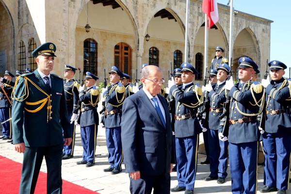 As per protocol, a Republican Guard platoon saluted president Michel Aoun and played the national anthem as the Lebanese flag was hoisted over the palace.