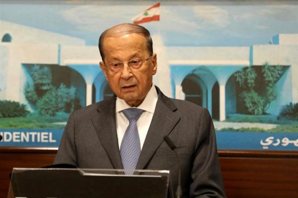 In this photo released by Lebanon's official government photographer Dalati Nohra, Lebanese President Michel Aoun, speaks to journalists at the Presidential Palace in Baabda, east of Beirut, Lebanon, Wednesday, Aug. 30, 2017. Aoun declared victory against the Islamic State group Wednesday in a live statement praising the Lebanese army for carrying out the operation that ended with the deal to evacuate IS fighters and their families in return for information about nine troops who were kidnapped by IS in August 2014. (Dalati Nohra via AP) The Associated Press