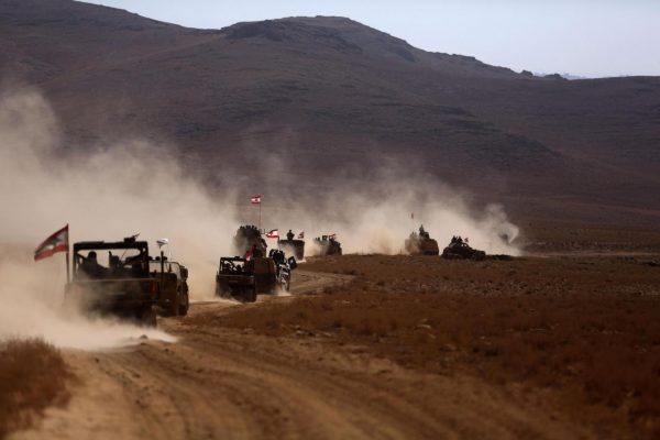 Lebanese army soldiers patrol the Syrian border in an area they recently took from Isis in Jurud Ras Baalbek on 28 August 2017 AFP/Getty Images 