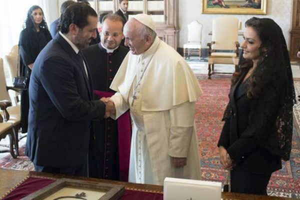Pope Francis meets with Lebanese prime minister Saad Hariri and his wife, Lara Bashir Al Azem, at the Vatican, Oct. 13, 2017. Credit: L'Osservatore Romano