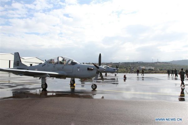 Two A-29 Super Tucano airplanes are seen at a ceremony at the Lebanese Air Force (LAF) Hamat base, north of Beirut, capital of Lebanon, on Oct. 31, 2017. A ceremony was held Tuesday at the Lebanese Air Force (LAF) Hamat base where the Lebanese Air Force received from the United States two A-29 Super Tucano airplanes. (Xinhua)