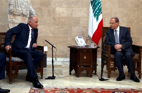 President Michel Aoun is shown meeting on Monday with Arab League chief Ahmed Abu el-Gheit at the Presidential Palace