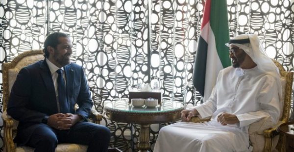 Mohammed Al-HAMMADI / WAM / AFP | Lebanon's former prime minister Saad Hariri (L) meeting with Abu Dhabi's Crown Prince Mohammed bin Zayed Al-Nahyan at the Al-Shati palace in Abu Dhabi on November 7, 2017.