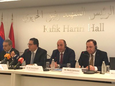 The Lebanese and Armenians  are shown  hold ing a  business forum in Beirut, Lebanon  October 31, 2017