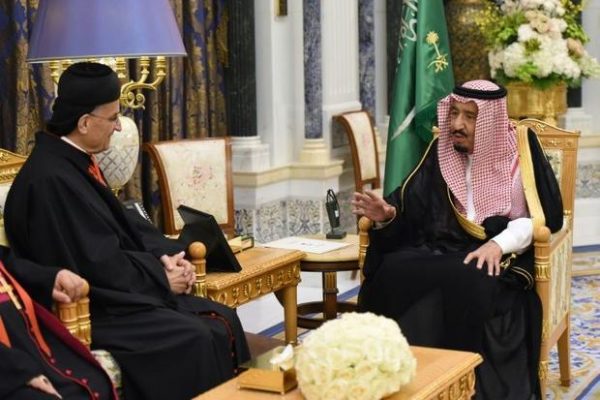 Lebanon’s Christian Maronite Patriarch Bechara al-Rai in an historic visit to Saudi Arabia is shown with King Salman Bin Abdul Aziz Al Saud 