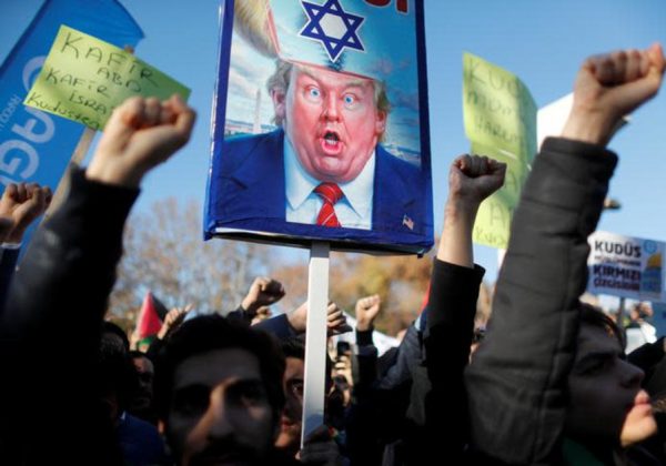 Demonstrators shout slogans during a protest against U.S. President Donald Trump's recognition of Jerusalem as Israel's capital, in Istanbul, Turkey December 8, 2017. . (photo credit: REUTERS/OSMAN ORSAL) 