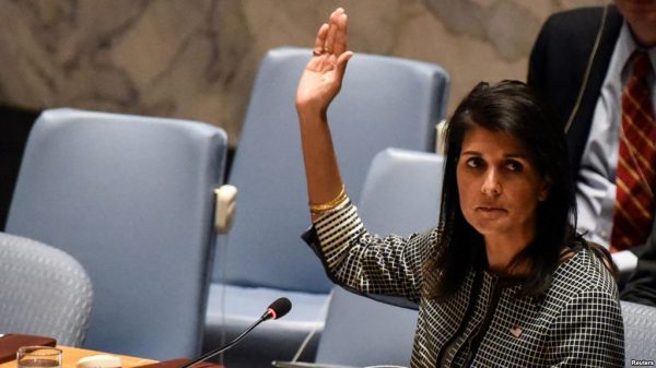 U.S. Ambassador to the United Nations Nikki Haley vetos an Egyptian-drafted resolution regarding recent decisions concerning the status of Jerusalem, during the United Nations Security Council meeting on the situation in the Middle East, including Palestine, at U.N. Headquarters in New York City, New York, U.S., December 18, 2017. 