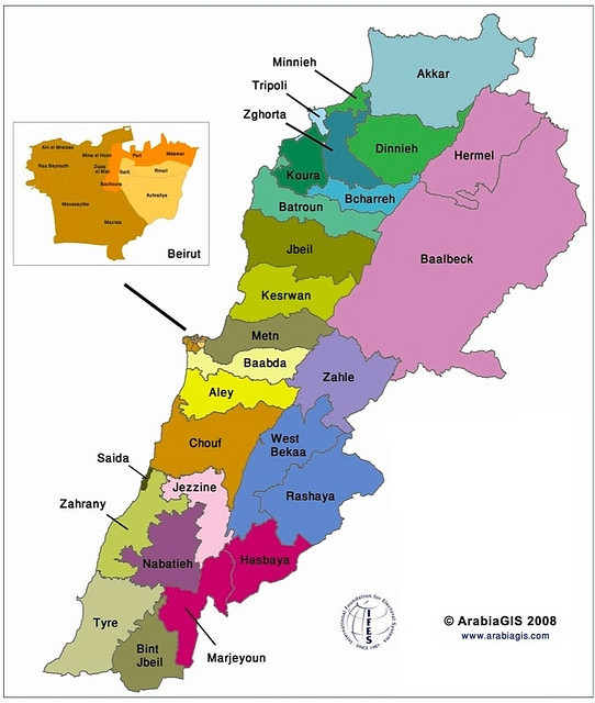 2008 Electoral map of Lebanon according to the modified 1960 law 