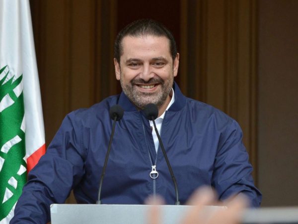Lebanese Prime Minister Saad Hariri speaks to his supporters at his home in downtown Beirut, Lebanon, Nov. 22, 2017.