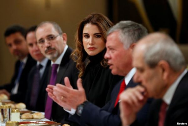 Jordan's King Abdullah and wife Queen Rania are seen during their meeting with U.S. Vice President Mike Pence and wife Karen Pence (not pictured) at the Royal Palace in Amman, Jordan, Jan. 21, 2018.