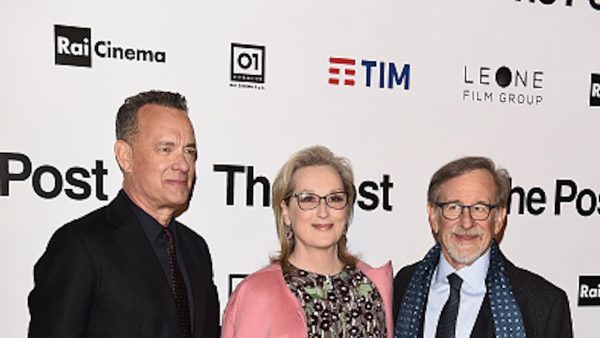 Tom Hanks, Meryl Streep and Steven Spielberg attend the "The Post" premiere on Jan. 15, 2018 in Milan, Italy. A ban on Spielberg’s new movie has been issued in Lebanon because of Spielberg's support of Israel. (Stefania M. D'Alessandro/Getty Images)