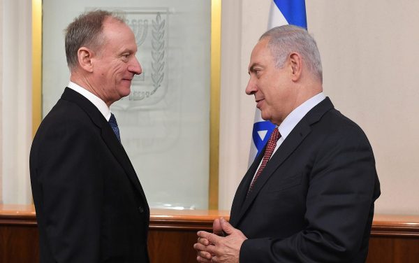 Russian Federation Security Council Secretary Nikolai Patrushev, left, meets with Prime Minister Benjamin Netanyahu