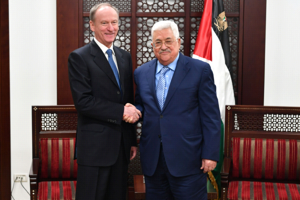 President Mahmoud Abbas with the Secretary of the Russian National Security Council Nikolai Patrushev in Ramallah (WAFA Images/Usama Falah)