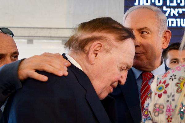 Casino mogul and Trump mega-donor Sheldon Adelson with Israeli Prime Minister Benjamin Netanyahu in the West Bank settlement of Ariel, June 28, 2017. (Ben Dori/Flash90)