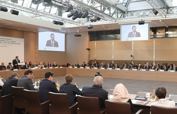 Prime Minister Saad Hariri attends the CEDRE conference in Paris on April 6, 2018. Credit Dalati Nohra, HO)