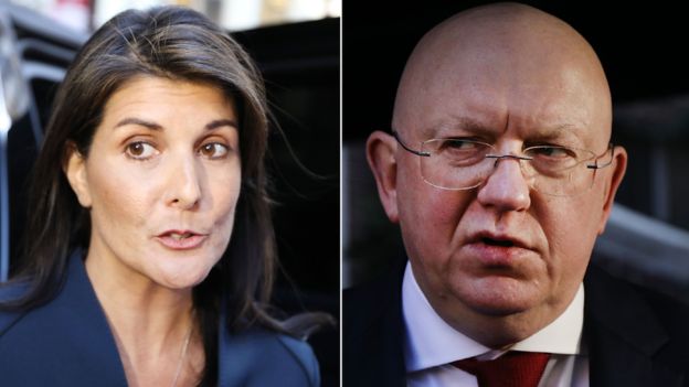 Nikki Haley and  Russian UN envoy Vasily Nebenzia clashed at the UN