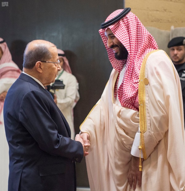 President Aoun is shown shaking hands with Saudi Crown Prince Mohammad bin Salman (MbS)  at the sideline of the Arab summit