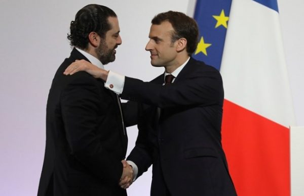 File photo: Lebanese Prime Minister Saad Hariri, left, shakes hands with French President Emmanuel Macron