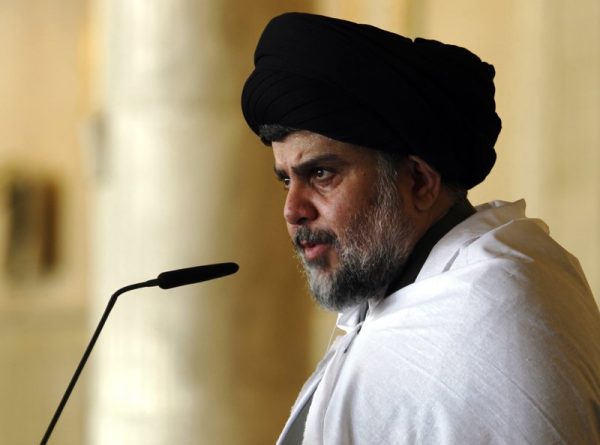 Iraqi Shiite cleric Moqtada al-Sadr delivers a speech to his supporters following Friday prayers at the grand mosque of Kufa in the holy city of Najaf, on April 3, 2015. AFP PHOTO / HAIDAR HAMDANI (Photo credit should read HAIDAR HAMDANI/AFP/Getty Images)