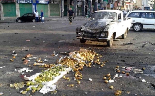 DAMASCUS, July 25, 2018 (Xinhua) -- Fruits are seen scattered on the ground after a suicide bombing in Sweida, in southern Syria, on July 25, 2018. At least 38 people were killed and 37 others wounded in a series of bombings and attacks that rocked government-held areas in Syrian southern province of Sweida on Wednesday, state media and opposition activists reported.(Xinhua Photo/IANS)