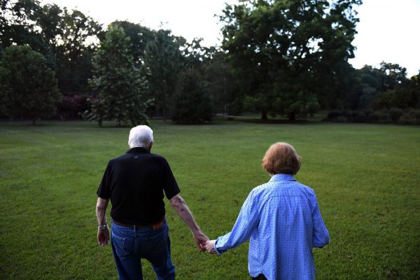 PLAINS, GA - AUGUST 04: Former President of the United States, Jimmy Carter walks with his wife, former First Lady, Rosalynn Carter towards their home following dinner at a friend's home on Saturday August 04, 2018 in Plains, GA. Born in Plains, GA,   (Photo by Matt McClain/The Washington Post via Getty Images)